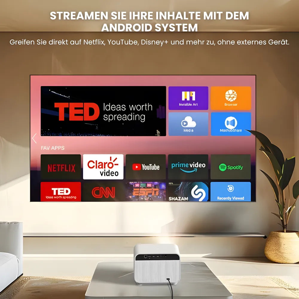 Full HD Android Beamer – Autofokus, Wi-Fi 6, Bluetooth 5.2, Kabelloses Streaming & Projektion bis zu 300 Zoll Projektor