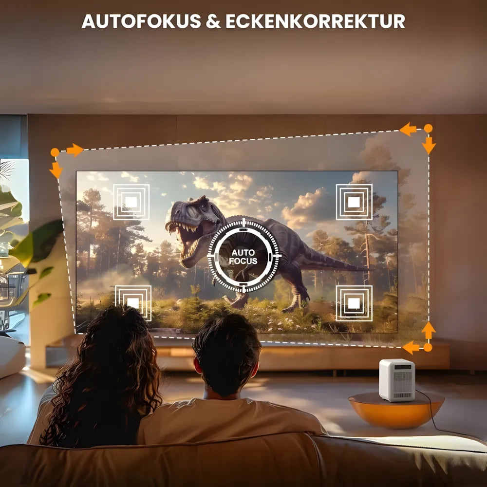 Kompakter Android Beamer – HD 720p, Android 9.0, 300 ANSI Lumen, Autofokus, Staubschutz, bis zu 200 Zoll Projektor