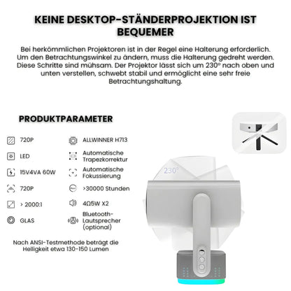 Flexibler Beamer – Android 11, 230° Neigungswinkel, Autofokus, Akku, Wi-Fi 5G, Bluetooth 5.2, 10W Lautsprecher Projektor