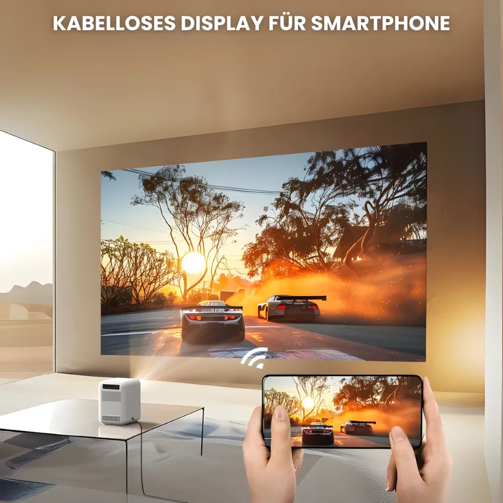 Kompakter Android Beamer – HD 720p, Android 9.0, 300 ANSI Lumen, Autofokus, Staubschutz, bis zu 200 Zoll Projektor