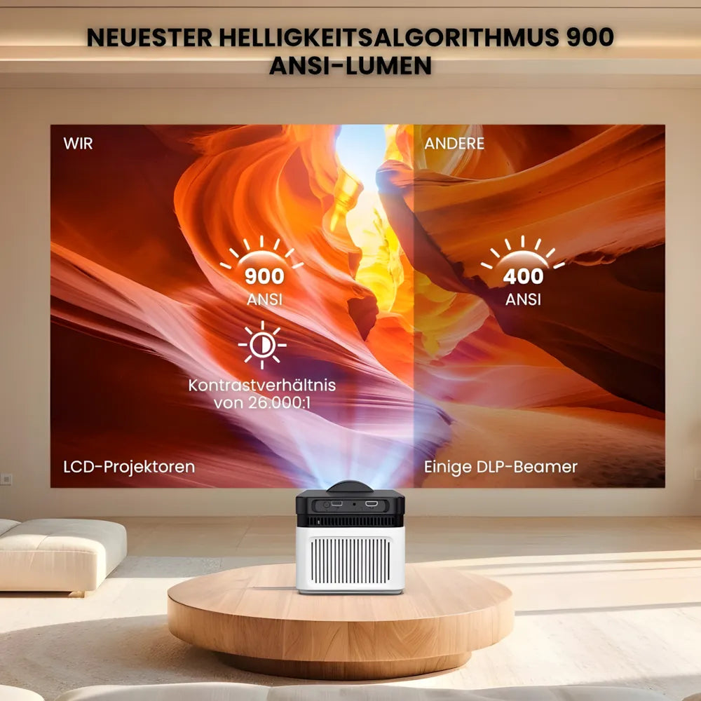 Beamer Ultra-Kurzdistanz – Full HD 1080p, Android 11, 900 ANSI Lumen, Autofokus, Wi-Fi 6 & Bluetooth 5.4 Projektor