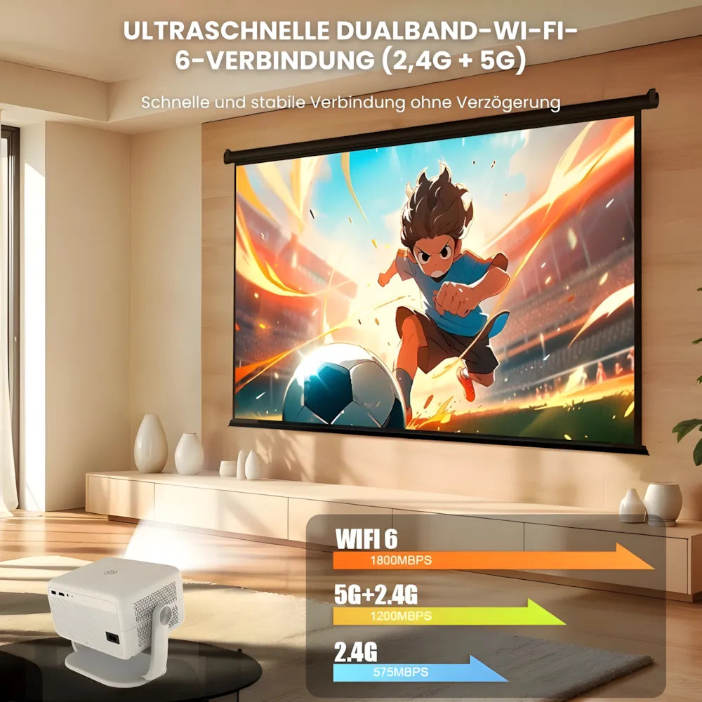 Beamer mit Android 11 und Full HD – Tragbarer Projektor mit 650 ANSI Lumen, Wi-Fi 6 & Bluetooth, 360° drehbar