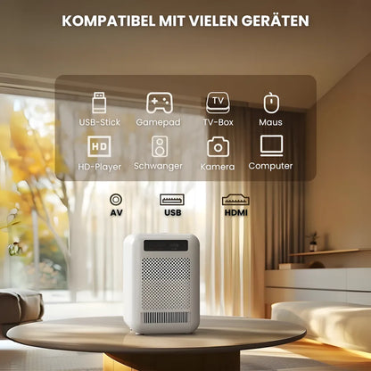 Kompakter Android Beamer – HD 720p, Android 9.0, 300 ANSI Lumen, Autofokus, Staubschutz, bis zu 200 Zoll Projektor