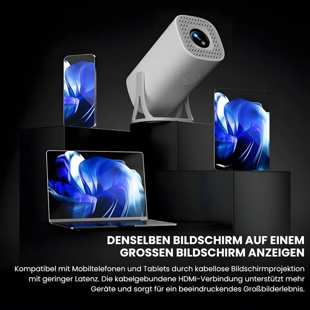 Beamer mit Android 11 – Wi-Fi 6, Bluetooth 5.0, HD 720p, Autofokus, bis zu 120 Zoll