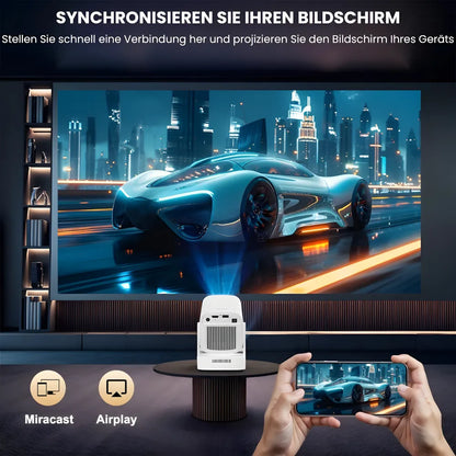 Tragbarer Smart Beamer – Full HD 1080p, Android 11, Autofokus, Wi-Fi 6, Bluetooth 5.4, 180° Rotation, Kurzdistanz Projektor