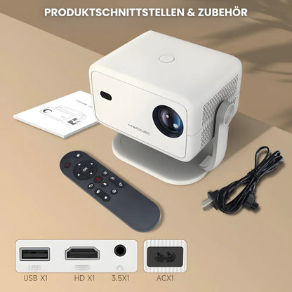 Beamer mit Android 11 und Full HD – Tragbarer Projektor mit 650 ANSI Lumen, Wi-Fi 6 & Bluetooth, 360° drehbar