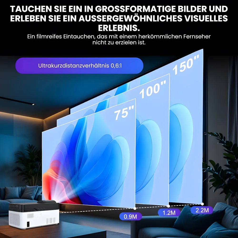 Beamer Ultra-Kurzdistanz – Full HD 1080p, Android 11, 900 ANSI Lumen, Autofokus, Wi-Fi 6 & Bluetooth 5.4 Projektor