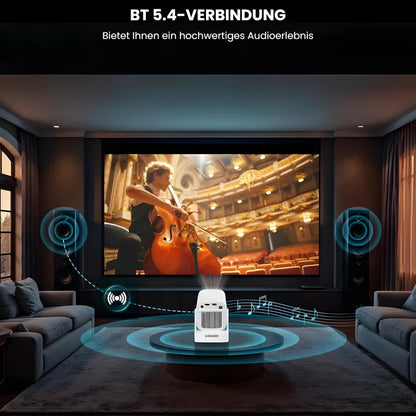 Tragbarer Smart Beamer – Full HD 1080p, Android 11, Autofokus, Wi-Fi 6, Bluetooth 5.4, 180° Rotation, Kurzdistanz Projektor