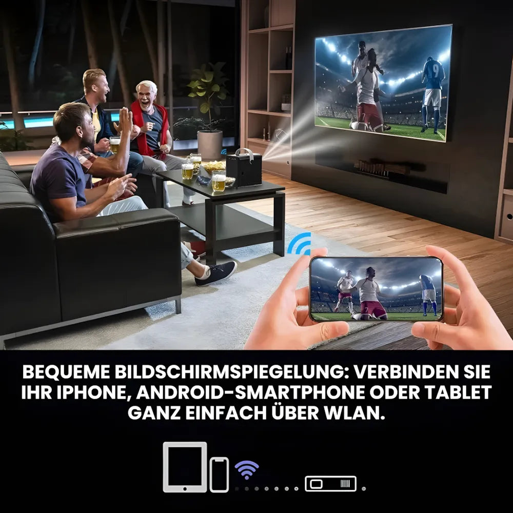 Tragbarer Mini Android Beamer – 300 ANSI Lumen, Autofokus, Android 10, Wi-Fi, Bluetooth 5.3, 6K-kompatibel Projektor
