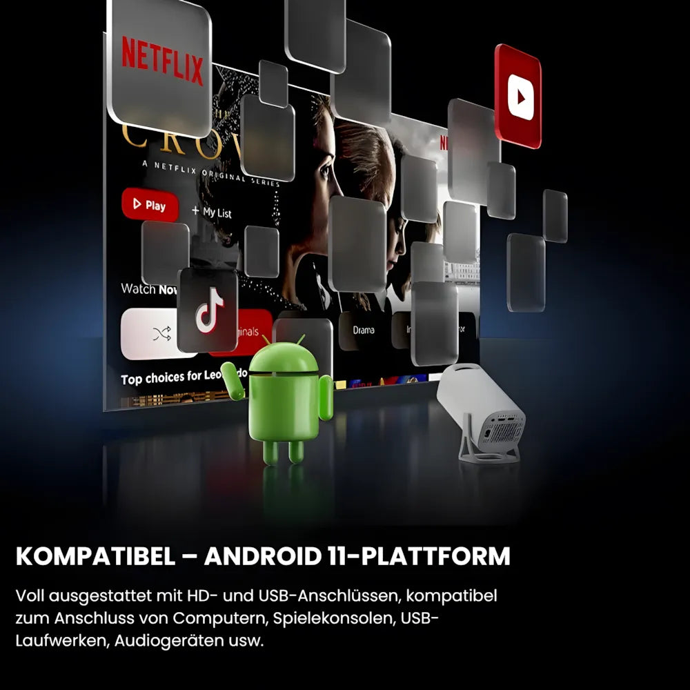 Beamer mit Android 11 – Wi-Fi 6, Bluetooth 5.0, HD 720p, Autofokus, bis zu 120 Zoll