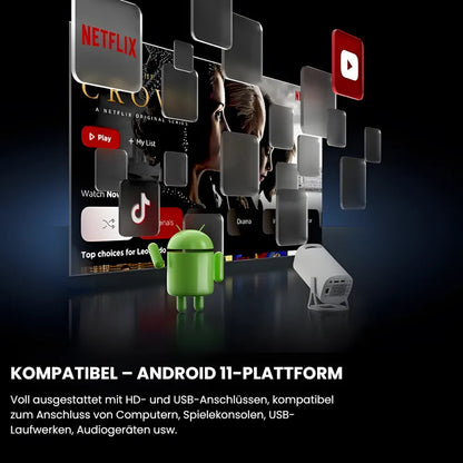 Beamer mit Android 11 – Wi-Fi 6, Bluetooth 5.0, HD 720p, Autofokus, bis zu 120 Zoll