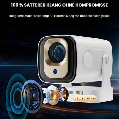 Tragbarer Smart Beamer – Full HD 1080p, Android 11, Autofokus, Wi-Fi 6, Bluetooth 5.4, 180° Rotation, Kurzdistanz Projektor