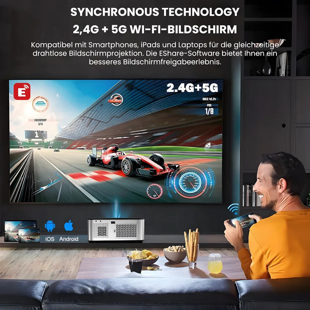 Intelligenter Full HD Beamer – 1100 ANSI Lumen, Android 9.0, Autofokus, Wi-Fi 5G, Bluetooth 5.1 Projektor