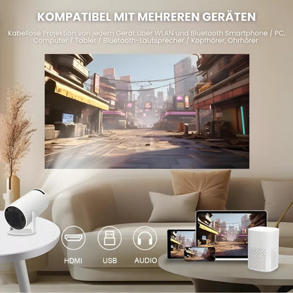 Beamer mit Android 11 – 260 ANSI Lumen, Autofokus, 180° drehbare Basis, Wi-Fi 6, Bluetooth 5.0 HD Projektor