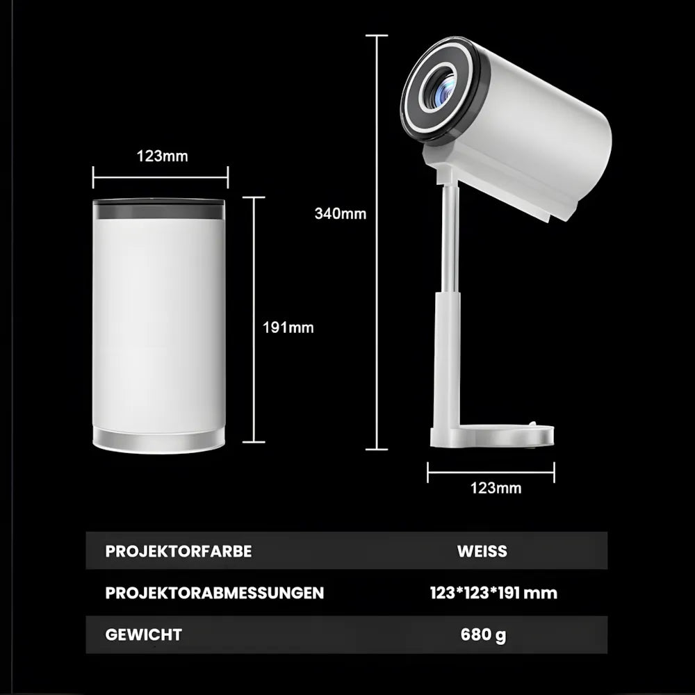 Intelligenter Mini Beamer – Android 13, 500 ANSI Lumen, Wi-Fi 5G, Bluetooth 5.0, 90° Drehung, bis zu 150 Zoll Projektor