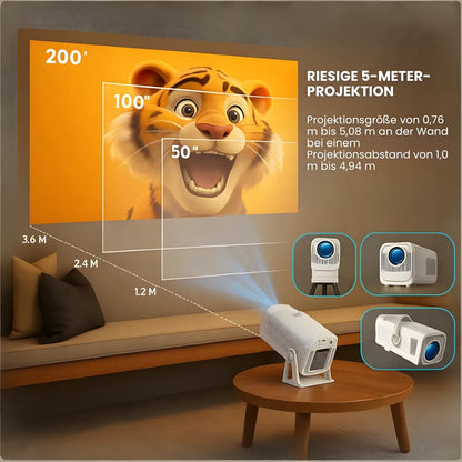 Tragbarer Full HD 1080p Beamer – Android 13, 500 ANSI Lumen, Autofokus, Drehbare Basis, Wi-Fi 6, Bluetooth 5.2 Projektor