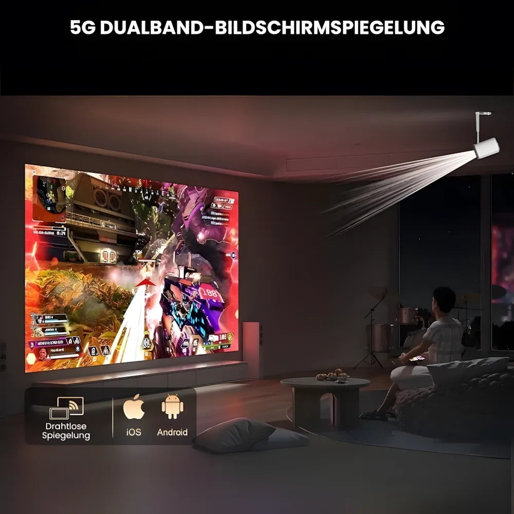 Intelligenter Mini Beamer – Android 13, 500 ANSI Lumen, Wi-Fi 5G, Bluetooth 5.0, 90° Drehung, bis zu 150 Zoll Projektor